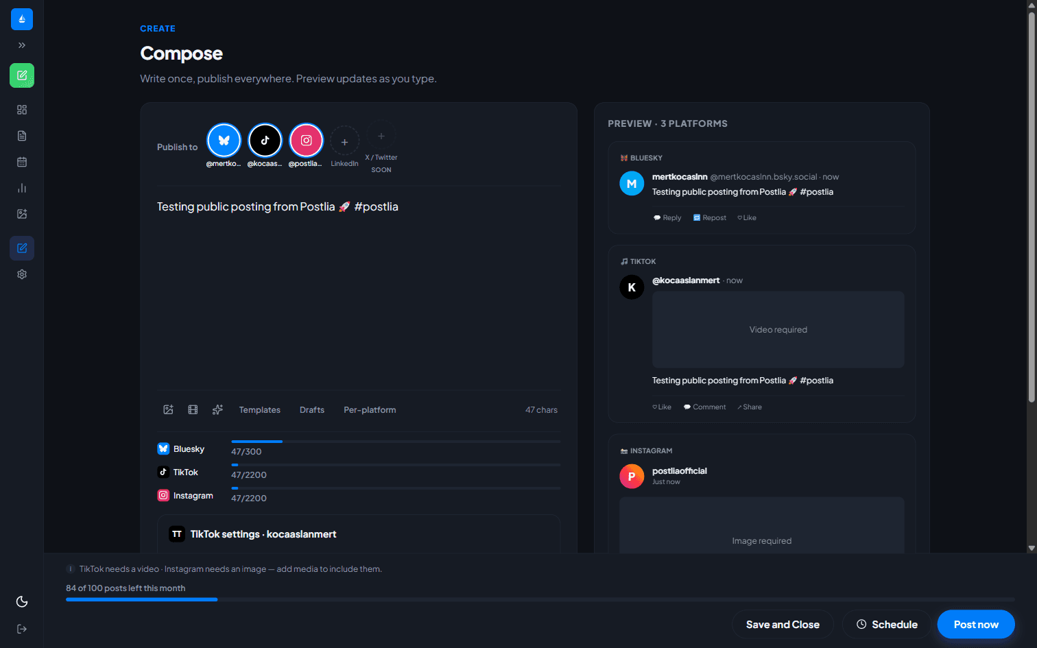 Postlia composer: writing one post and publishing it to Bluesky, TikTok, LinkedIn and Instagram with a live preview